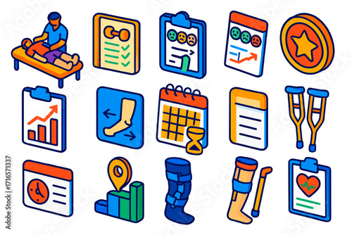 Injury Recovery Icons. Isometric vector illustration set Injury recovery tracking: physical therapy icon, exercise log, pain scale