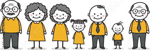 Cartoon family illustration, multi-generational group, grandparents, parents, children, happy faces, casual clothing, family unity, aging support, childhood, healthcare, elder care