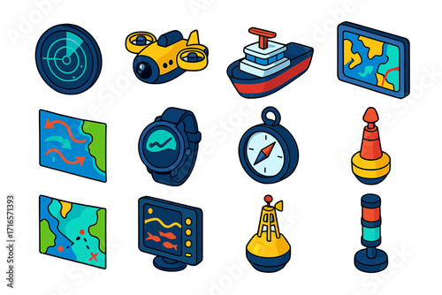 Marine Tech Icons. Isometric vector illustration set Marine tech mapping: sonar screen, underwater drone, ship radar, GPS