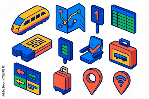 Train Travel Icons. Isometric vector illustration set Train travel navigation: train icon, station map, ticket QR code, timetable
