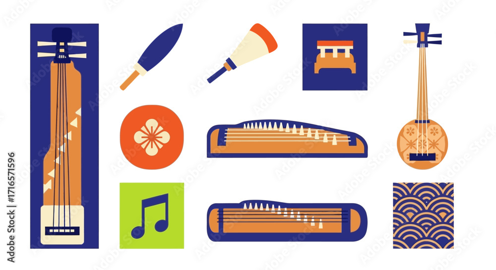 Set of Japanese Koto, Shamisen, and Cultural Elements in a Flat Vector Style.