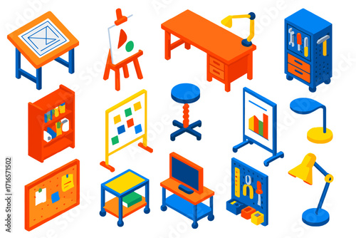 Creative Workspace Essentials. Isometric vector illustration set Creative workspace furniture: drafting table, standing easel,