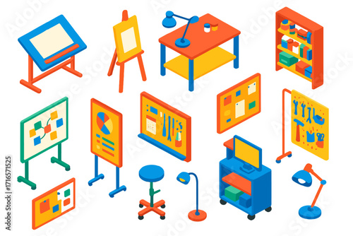 Creative Workspace Essentials. Isometric vector illustration set Creative workspace furniture: drafting table, standing easel,