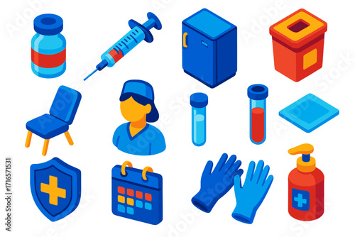 Vaccine Clinic Icons. Isometric vector illustration set Vaccine clinic: vaccine vial, injection syringe, refrigerator, sharps