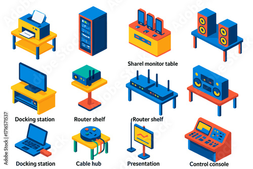 Office Tech Stations. Isometric vector illustration set Office tech stations: printer table, server rack, charging station, shared