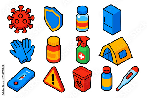 Virus Containment Icons. Isometric vector illustration set Virus containment: virus particle, shield icon, vaccine vial,