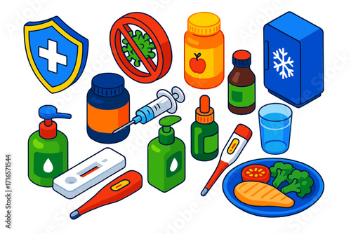 Immune System Essentials. Isometric vector illustration set Immune system boost: shield icon, virus block symbol, vitamin bottle,