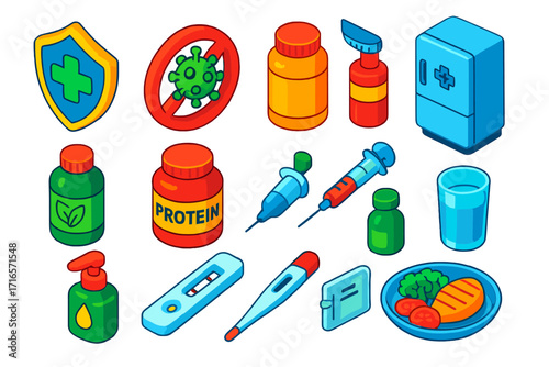 Immune System Essentials. Isometric vector illustration set Immune system boost: shield icon, virus block symbol, vitamin bottle,