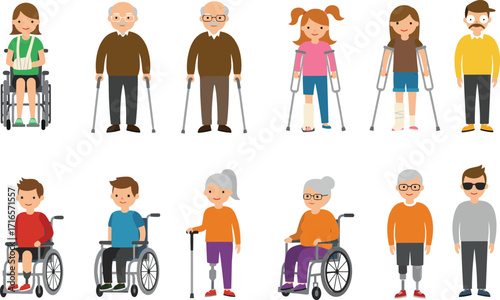 Diverse disability cartoon, mobility aids illustration, wheelchair crutches prosthetics, inclusive design, accessibility concept, vector characters, healthcare, aging, support