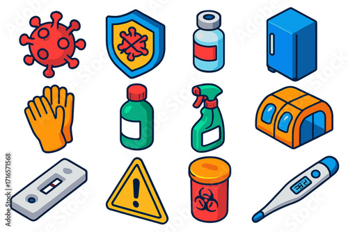 Virus Containment Icons. Isometric vector illustration set Virus containment: virus particle, shield icon, vaccine vial,