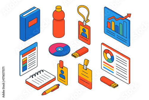 Conference Essentials Kit. Isometric vector illustration set Conference kit: training book, branded bottle, speaker ID card,