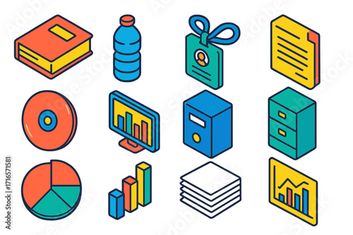 Data Archive Icons. Isometric vector illustration set Data archive: record book, bottled water, archive ID badge, storage document