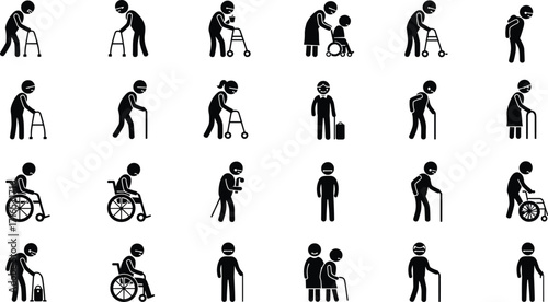 Elderly and disability icons, cane walker wheelchair support, caregiver assistance, mobility aid, healthcare signage, accessibility vector, inclusive design
