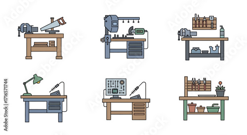 Six Colorful Vector Illustrations of Woodworking Workbenches with Tools.
