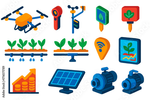 Automated Farming Technology. Isometric vector illustration set Automated crop monitoring: drone, crop camera, weather station,