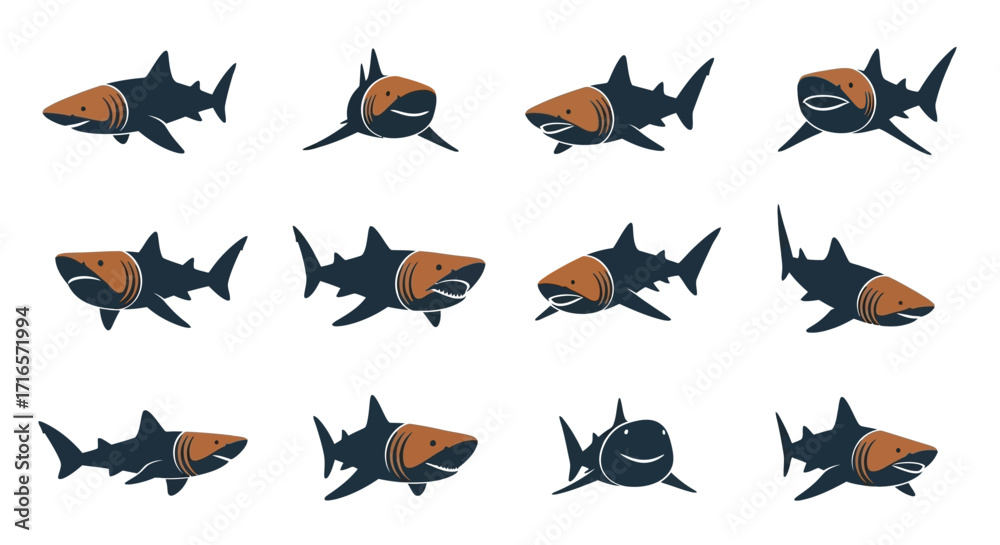 Fototapeta premium Twelve Cartoon Shark Illustrations - Dark Blue, Orange Gill, Various Poses.