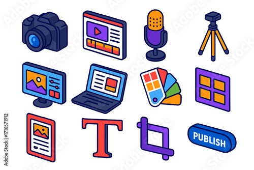 Content Creation Tools. Isometric vector illustration set Content creation tools: DSLR camera, video editing screen, microphone,