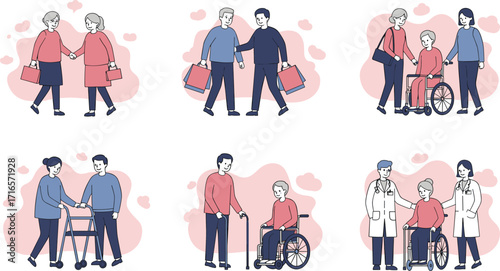 Elderly care illustration, caregiver support, walking cane, wheelchair assistance, healthcare, aging support, rehabilitation, companionship, physical therapy, senior lifestyle, independence