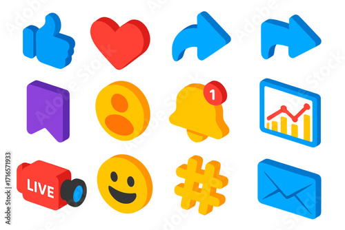 Vibrant Social Media Icons. Isometric vector illustration set Social engagement tools: like icon, heart icon, share arrow, comment