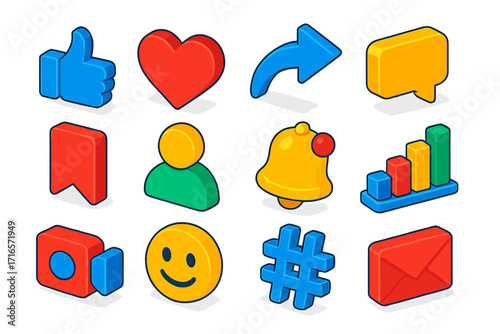 Vibrant Social Media Icons. Isometric vector illustration set Social engagement tools: like icon, heart icon, share arrow, comment