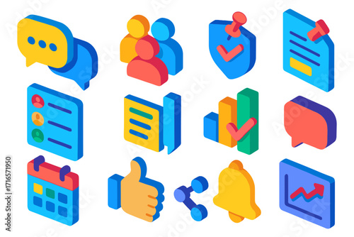 Community Management Icons. Isometric vector illustration set Community management: chat bubbles, group avatar, moderation shield,