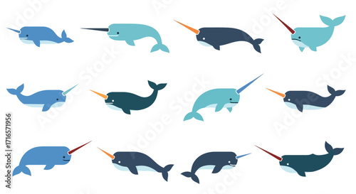 Twelve Cartoon Narwhals in Various Blue Hues and Poses.