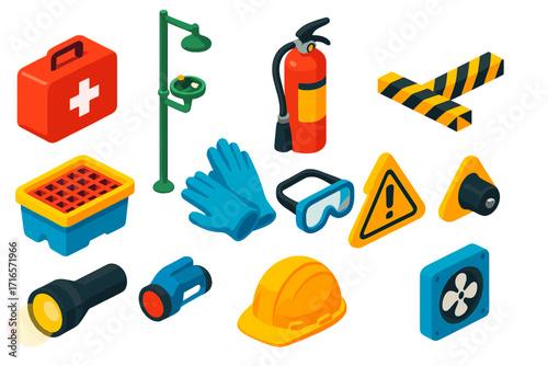 Lab Safety Equipment Icons. Isometric vector illustration set Lab emergency kit: first aid box, chemical shower, eyewash station,