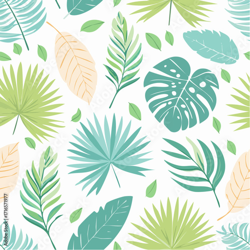 Seamless pattern with various tropical leaves in shades of green, teal, and light orange on a white background, featuring monstera, palm, and other exotic foliage.