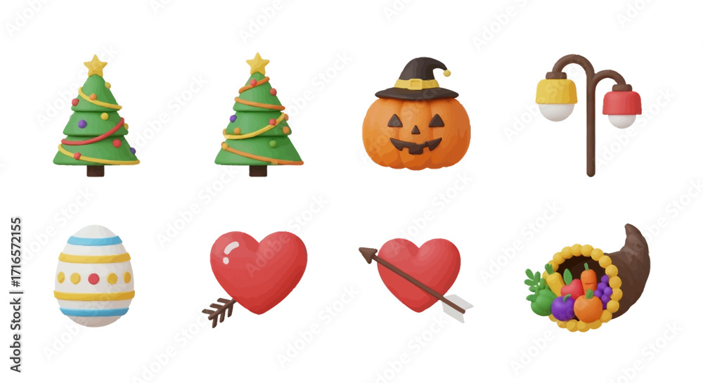 Obraz premium Vibrant 3D Clay-Style Holiday and Seasonal Icons Collection.