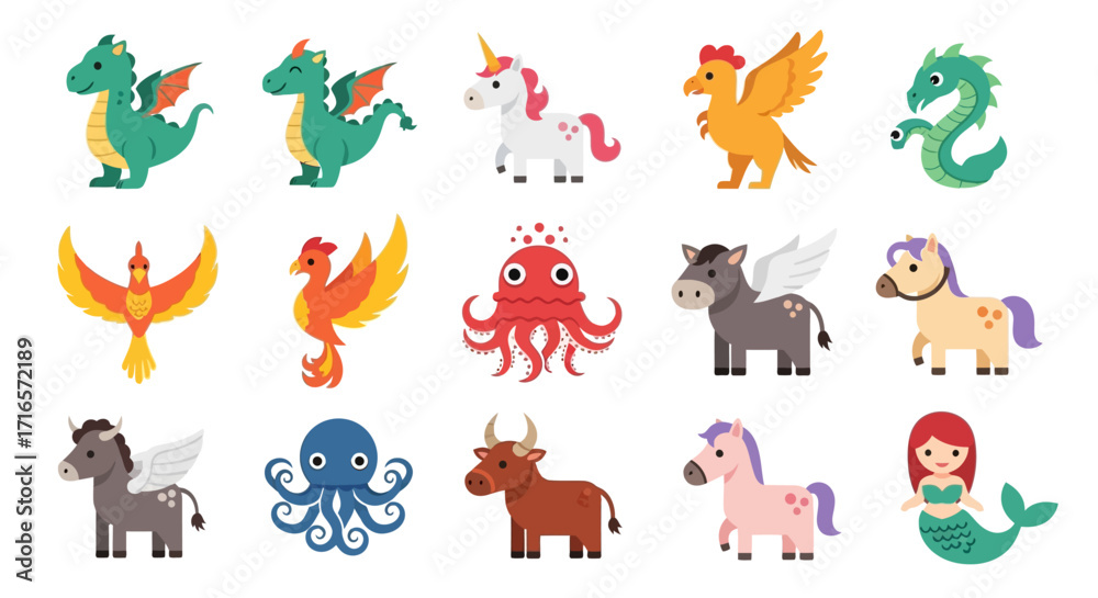 Obraz premium Vibrant Cartoon Mythical Creatures Set, including Dragons, Unicorns, and Phoenixes, in a Playful, Stylized Illustration.