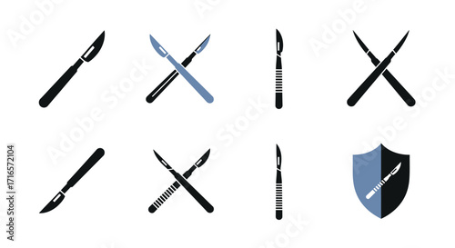 Vector set of sharp surgical scalpels in various orientations and a shield icon.