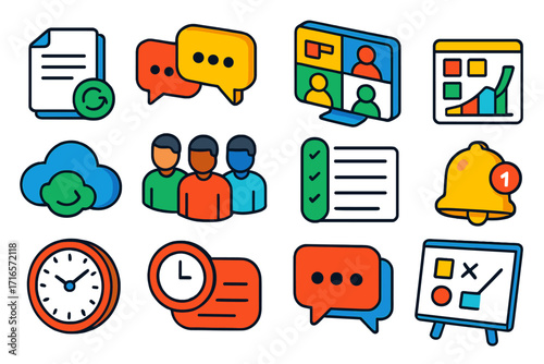 Online Collaboration Icons. Isometric vector illustration set Online collaboration: shared document icon, chat bubbles, video