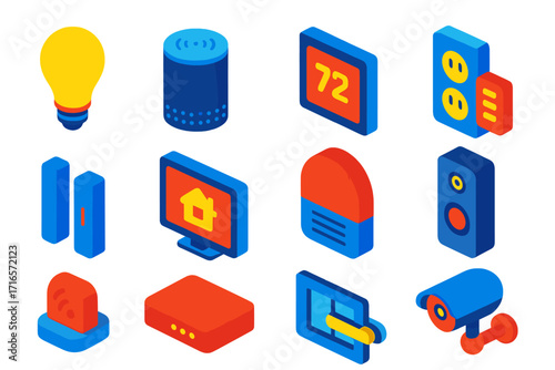 Smart Home Icons. Isometric vector illustration set Home security and automation: light bulb, voice assistant speaker, wall