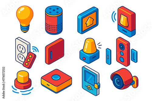 Smart Home Icons. Isometric vector illustration set Home security and automation: light bulb, voice assistant speaker, wall
