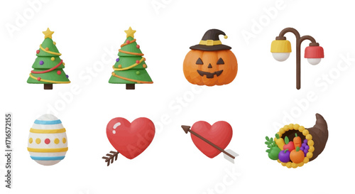 Vibrant 3D Clay-Style Holiday and Seasonal Icons Collection.
