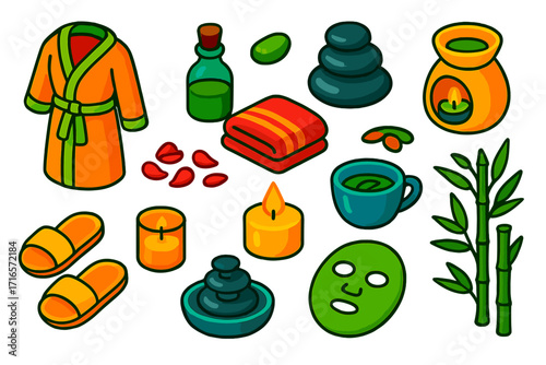 Spa Essentials Icons. Isometric vector illustration set Spa and wellness: bathrobe, towel, massage oil, hot stones, aroma lamp,