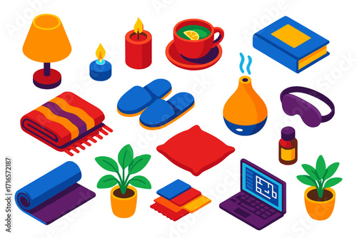 Cozy Evening Essentials. Isometric vector illustration set Evening unwind: dim lamp, candle, herbal tea cup, book, blanket,