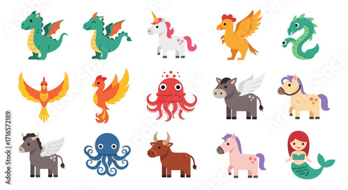Vibrant Cartoon Mythical Creatures Set, including Dragons, Unicorns, and Phoenixes, in a Playful, Stylized Illustration.