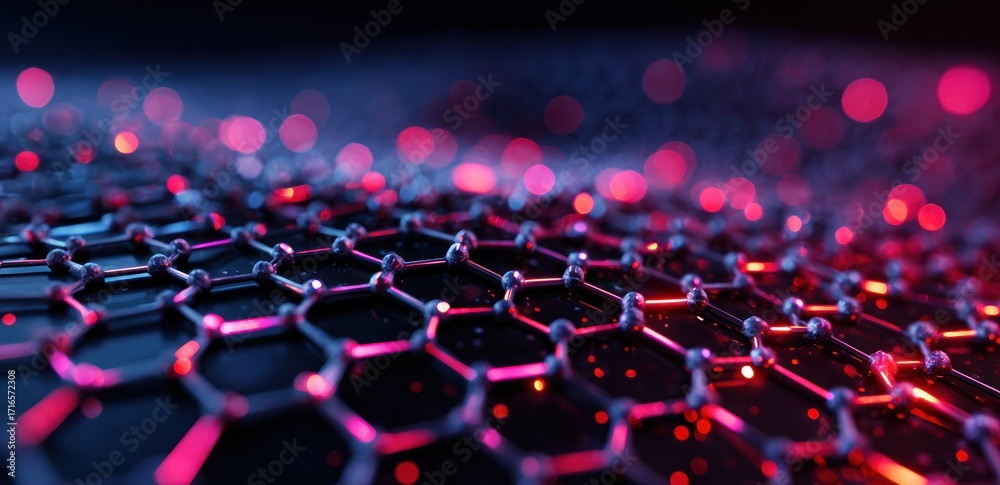 Fototapeta premium Abstract hexagonal lattice with glowing red and blue accents