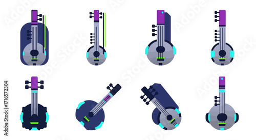 Vibrant stylized string instruments with purple, silver, and cyan glow, flat vector design.
