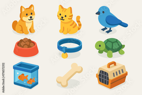  stylized icons related to pets. Each icon is designed in bright colors in a minimalist 3D style.