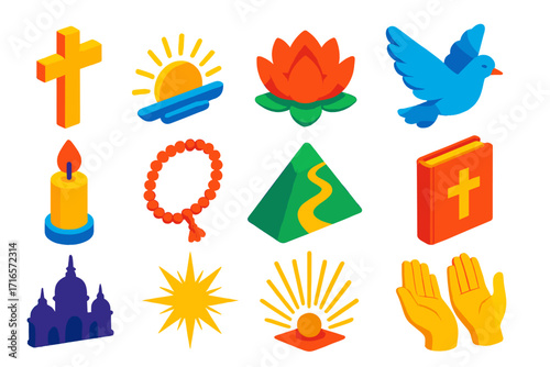 Faith Icons Collection. Isometric vector illustration set Faith symbols collection: cross, sunrise, lotus flower, dove, candle,