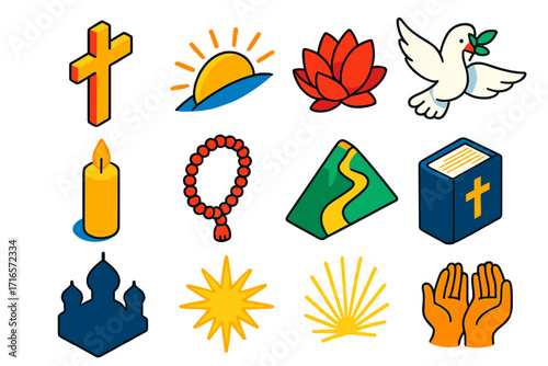 Faith Icons Collection. Isometric vector illustration set Faith symbols collection: cross, sunrise, lotus flower, dove, candle,