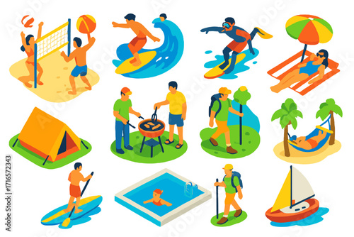 Summer Activities Icons. Isometric vector illustration set of summer activities: beach volleyball, surfing, snorkeling, sunbathing