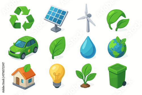 stylized icons related to ecology and sustainable development. Each icon is designed in a minimalist 3D style with a predominance of green, blue, and yellow tones.