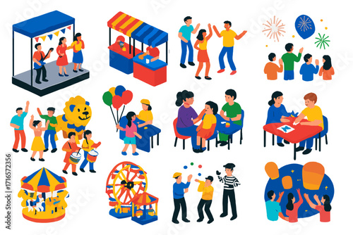 Vibrant Festival Activities. Isometric vector illustration set of festival activities: stage performance, food stalls, dancing,