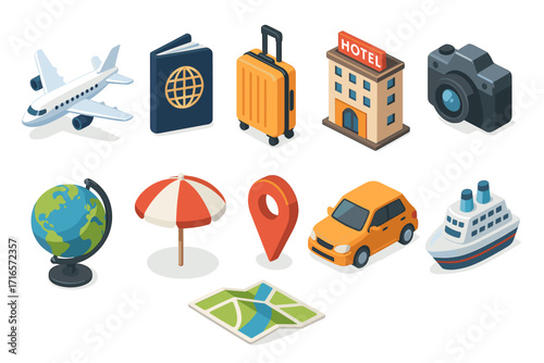 Twelve stylized icons related to travel. Each icon is designed in a minimalist 3D style with bright colors such as blue, orange, and green.