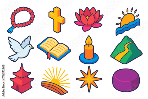 Symbols of Devotion. Isometric vector illustration set Symbols of devotion: prayer beads, cross, lotus flower, sunrise, dove, book