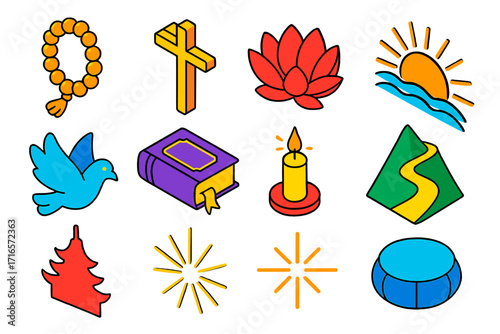 Symbols of Devotion. Isometric vector illustration set Symbols of devotion: prayer beads, cross, lotus flower, sunrise, dove, book