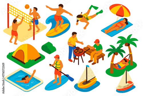 Summer Activities Icons. Isometric vector illustration set of summer activities: beach volleyball, surfing, snorkeling, sunbathing